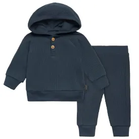 2-Piece Baby Boys Navy Waffle Hoodie and Pant Set