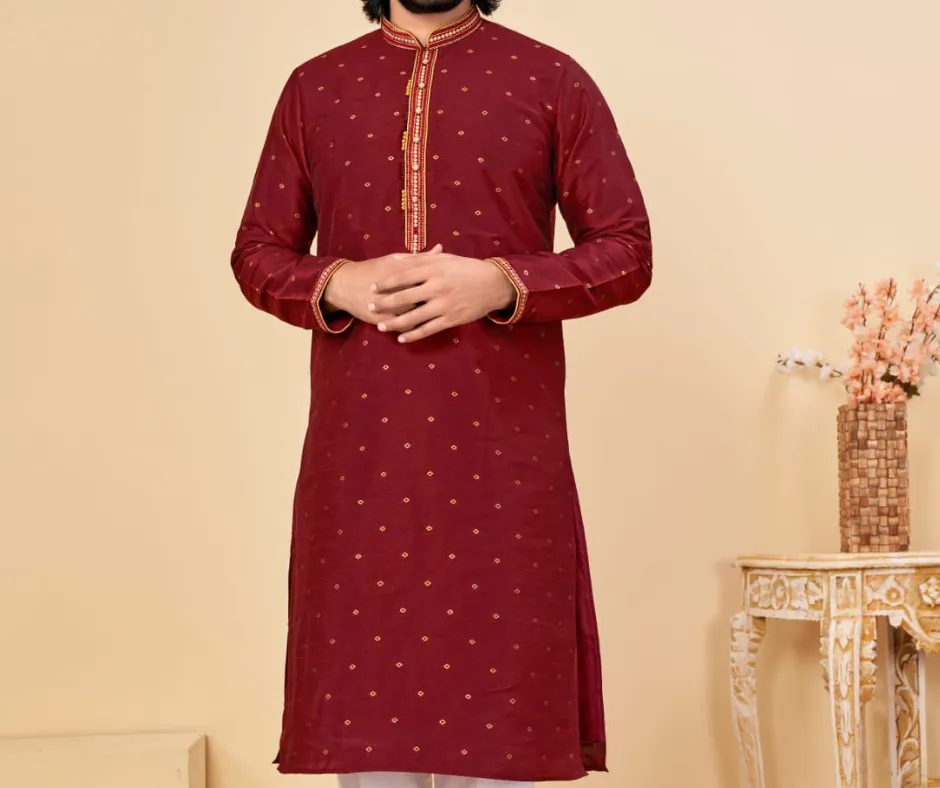 Alluring Red Color Fancy Kurta With Pajama Set For Men