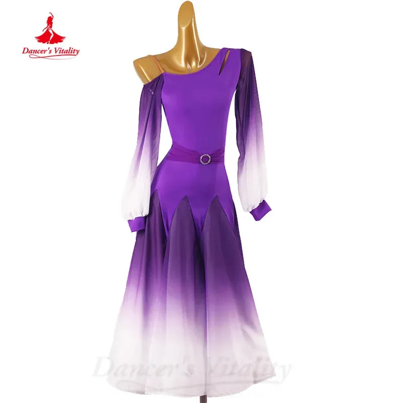 Ballroom Dance Competition Dresses Customized Elegant Long Sleeved Gradient Dress Tango Waltz Modern Dancing Performance Costume