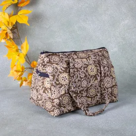 Barrel Handbags Dark Brown colour with flower Design.