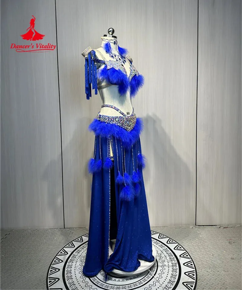 Bellydance Clothing Women's Customized Diamond Bra feathers Tassels Skirt Set Oriental Dance Professional Performance Clothing