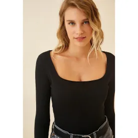 Black Square Collar Corduroy Knitted Blouse