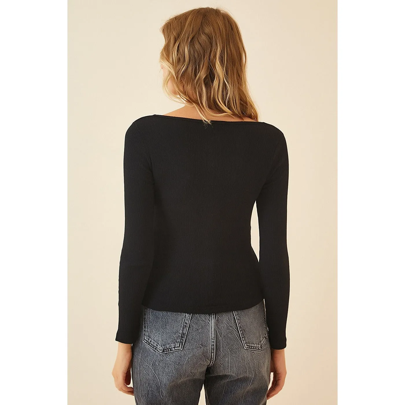 Black Square Collar Corduroy Knitted Blouse