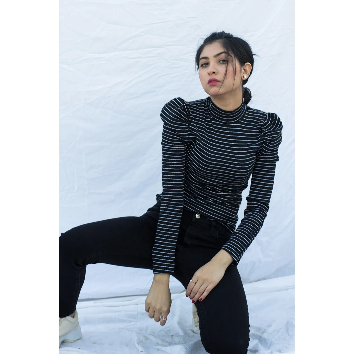 Black Stripes Puff Shoulder Turtleneck Top