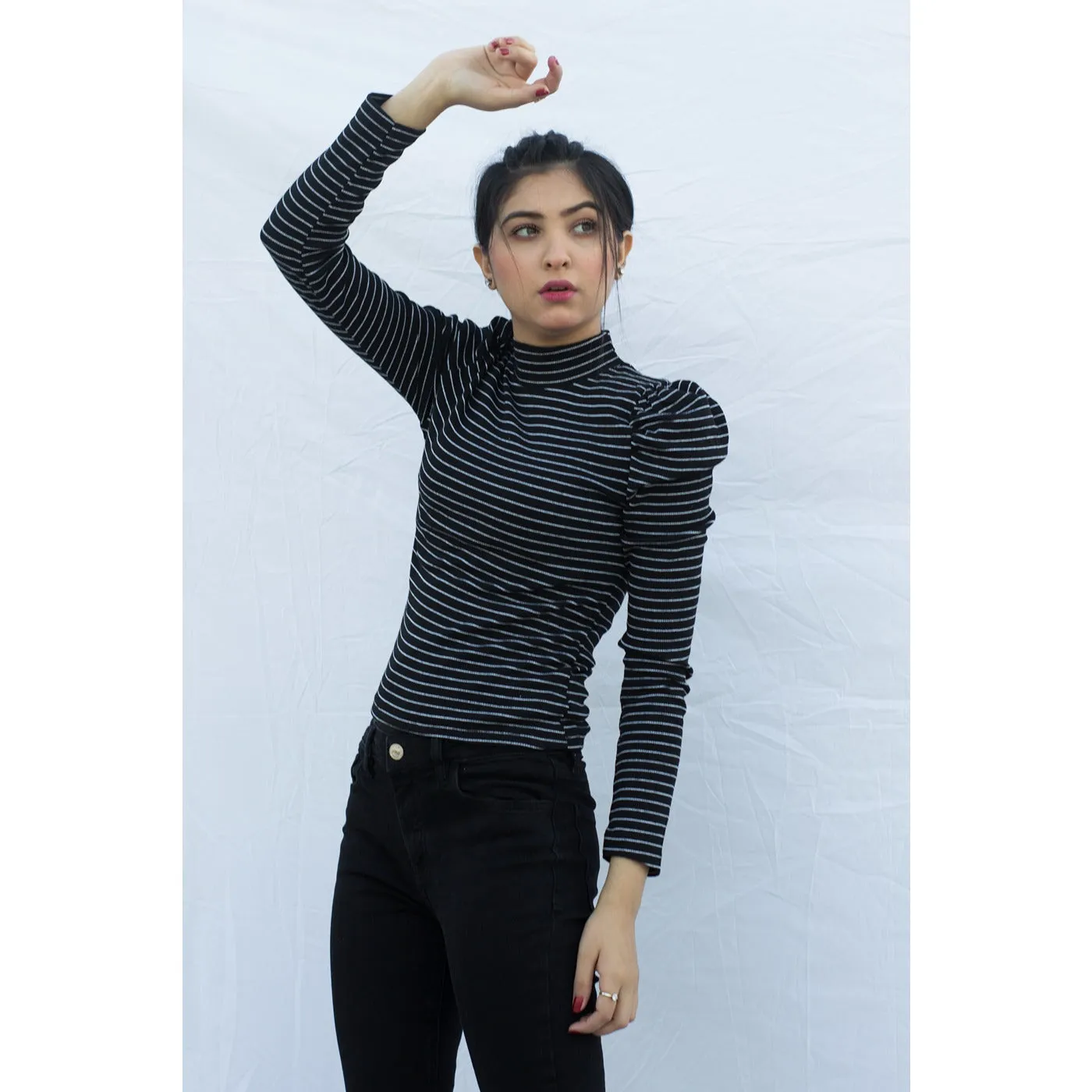 Black Stripes Puff Shoulder Turtleneck Top