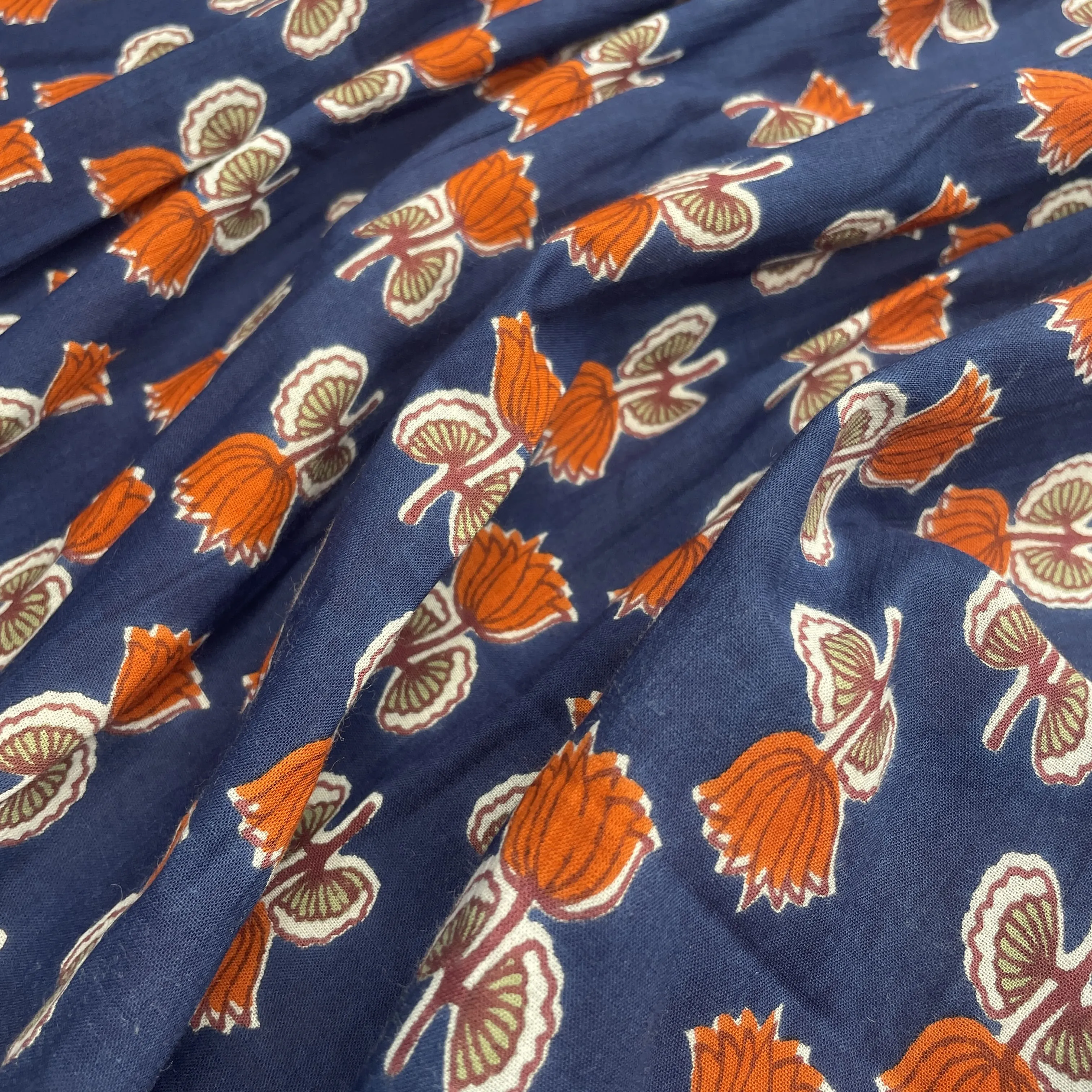 Blue  Floral Handblock Print Cotton Fabric