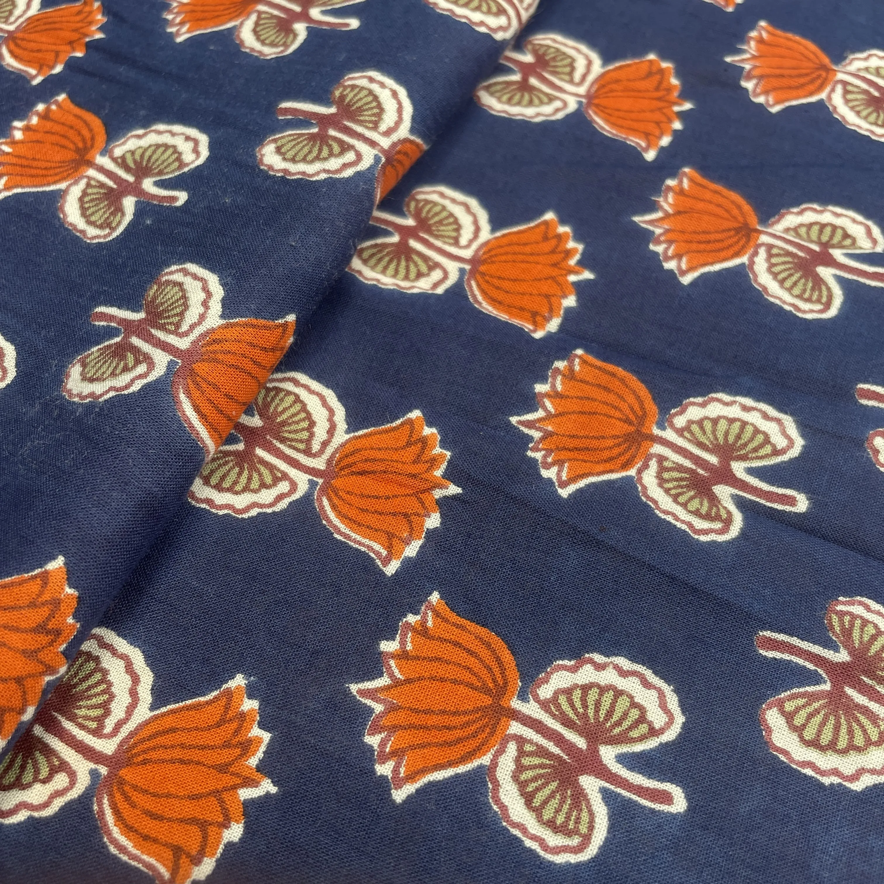 Blue  Floral Handblock Print Cotton Fabric