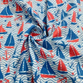 Blue Kids Water Boat Print Cotton Fabric