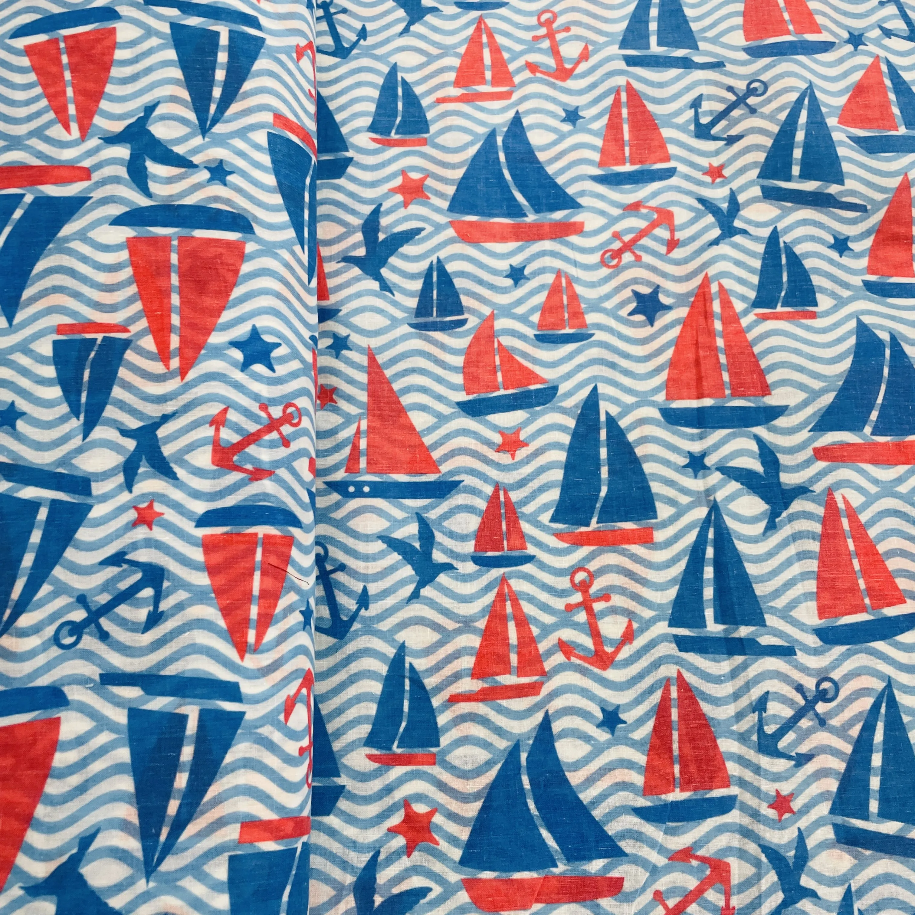 Blue Kids Water Boat Print Cotton Fabric