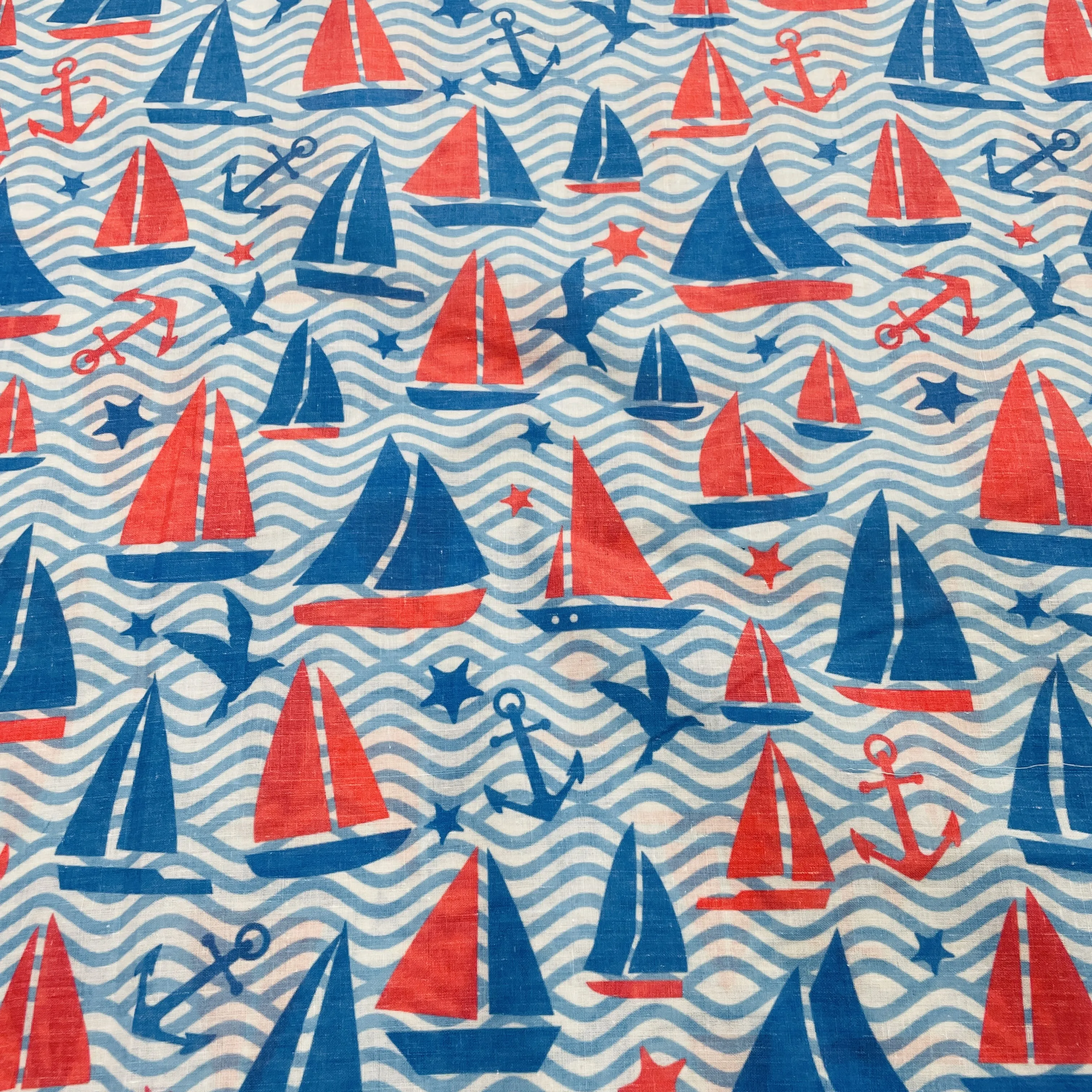 Blue Kids Water Boat Print Cotton Fabric