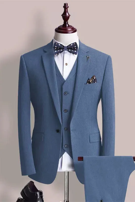 Blue Notched Lapel One Button Three Pieces Prom Suits For Men Business Suits