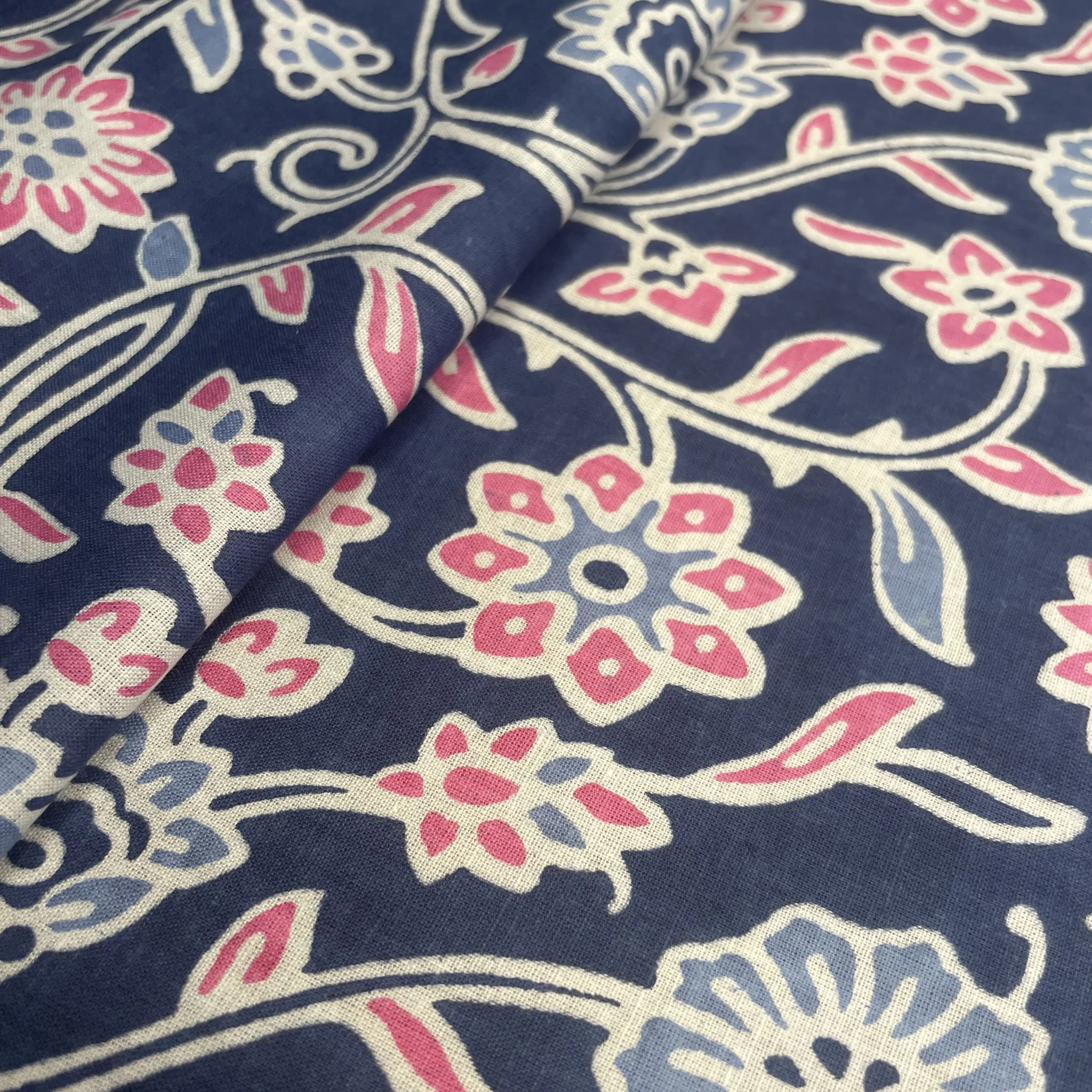 Blue Pink Flower Print Cotton Fabric