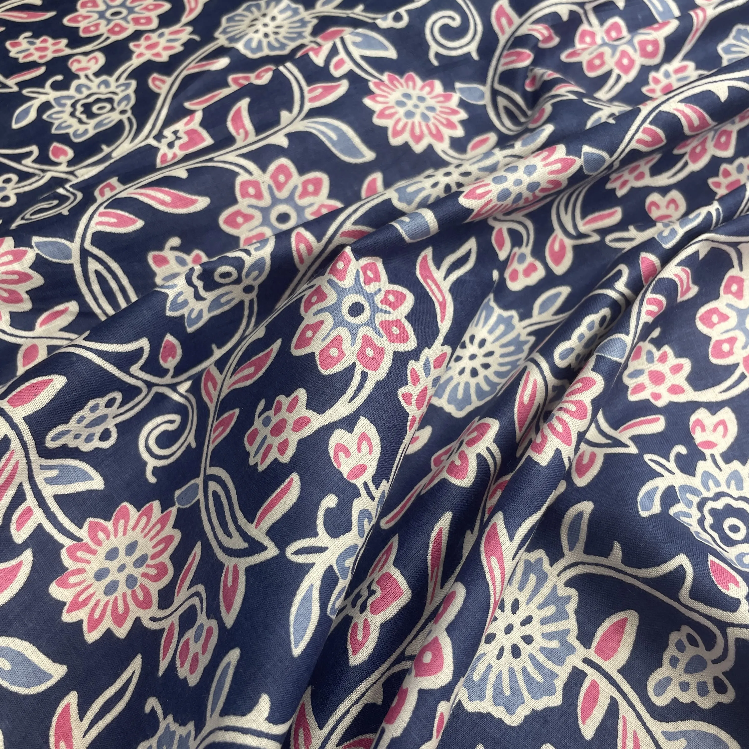 Blue Pink Flower Print Cotton Fabric