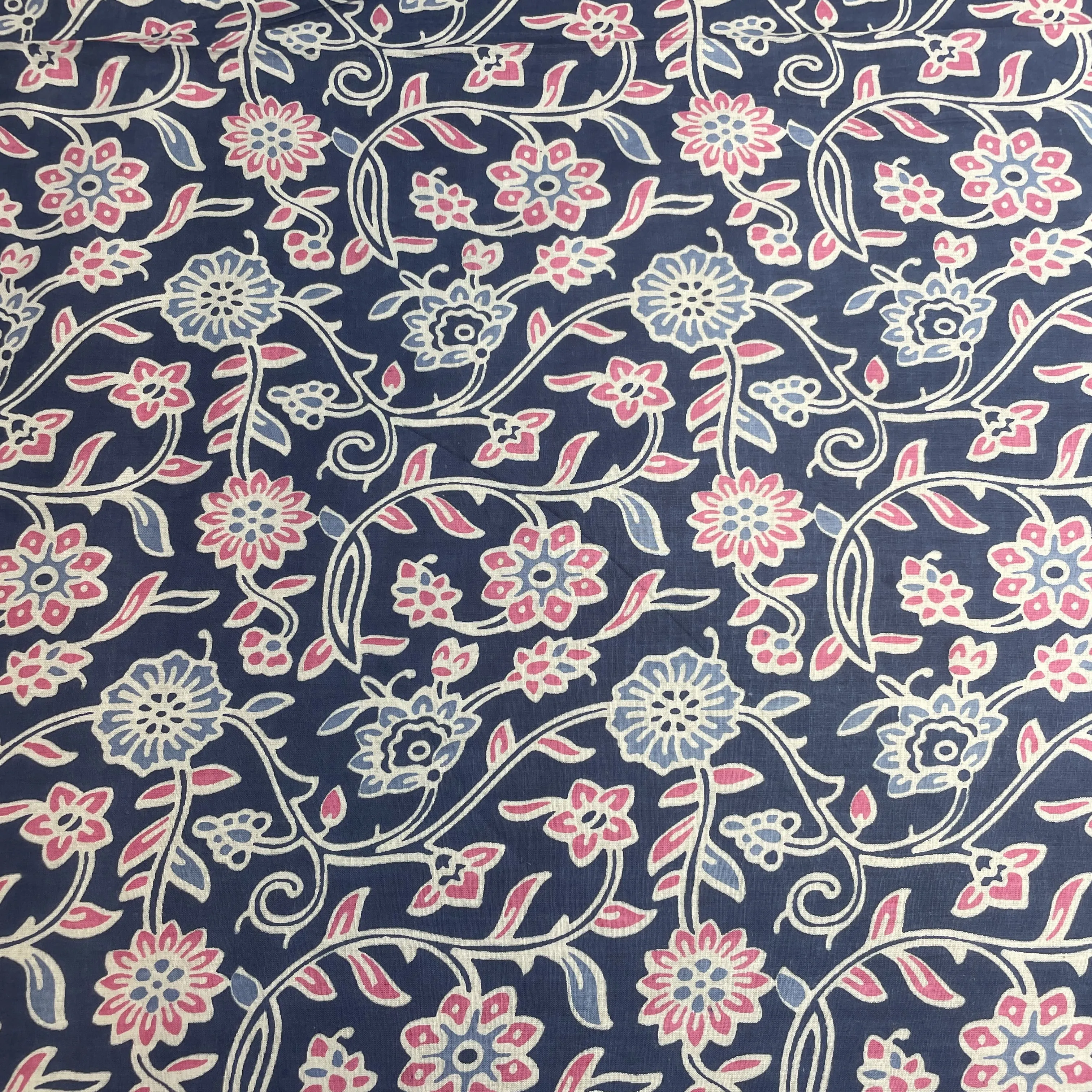 Blue Pink Flower Print Cotton Fabric