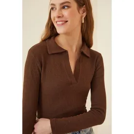 Brown Polo Corduroy Knitted Blouse