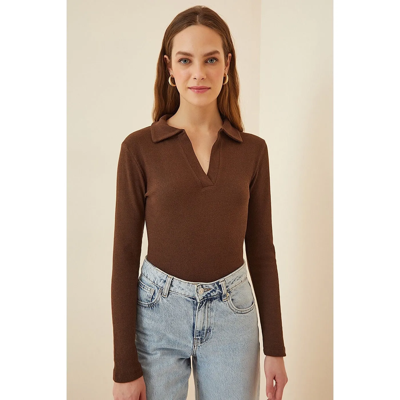 Brown Polo Corduroy Knitted Blouse