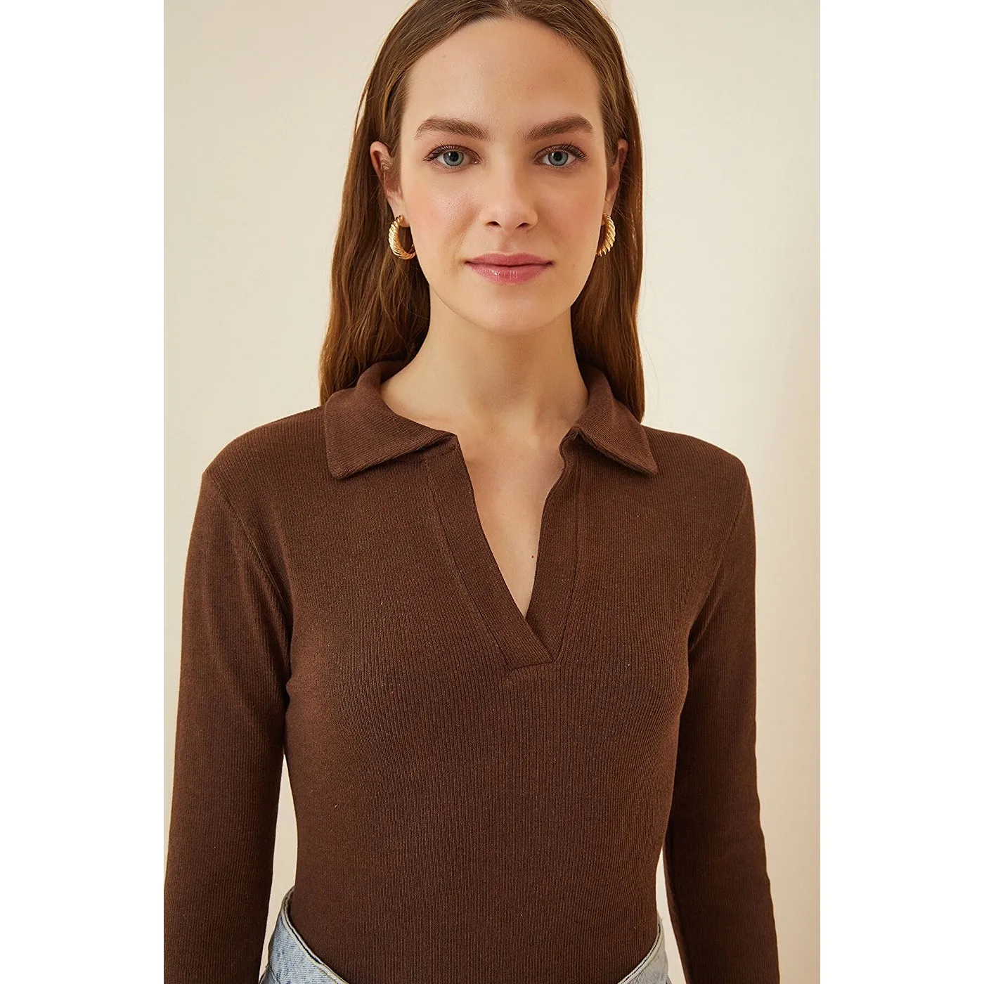 Brown Polo Corduroy Knitted Blouse