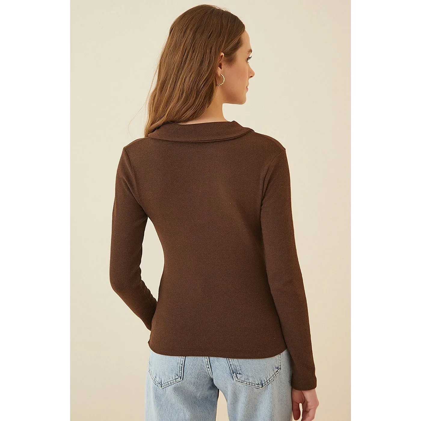 Brown Polo Corduroy Knitted Blouse