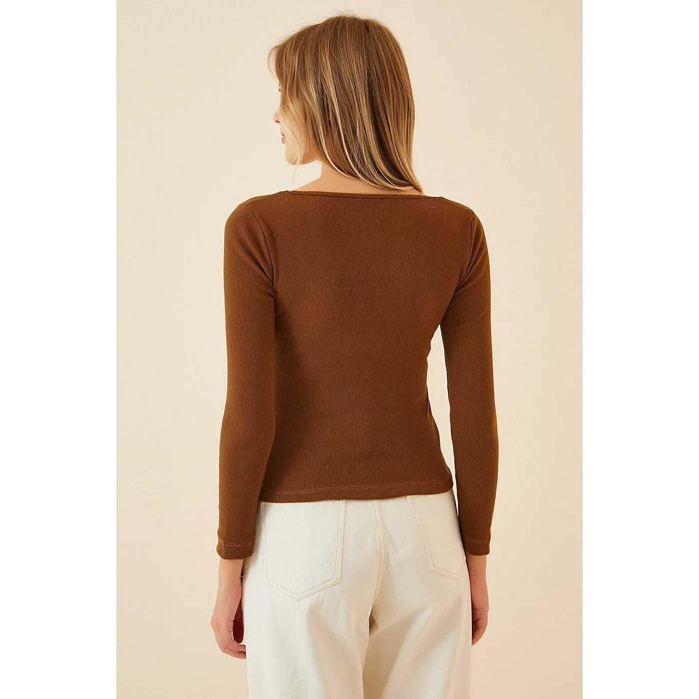 Brown Square Collar Corduroy Knitted Blouse