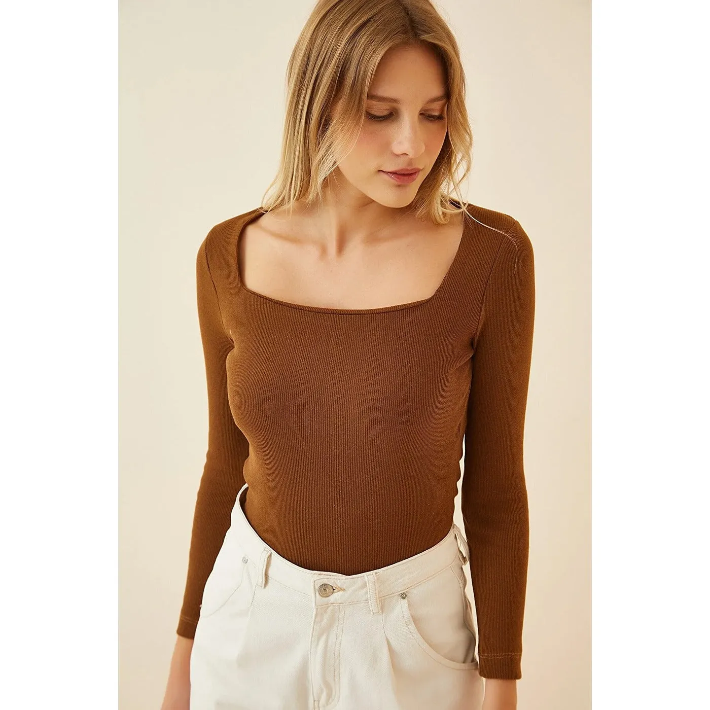 Brown Square Collar Corduroy Knitted Blouse