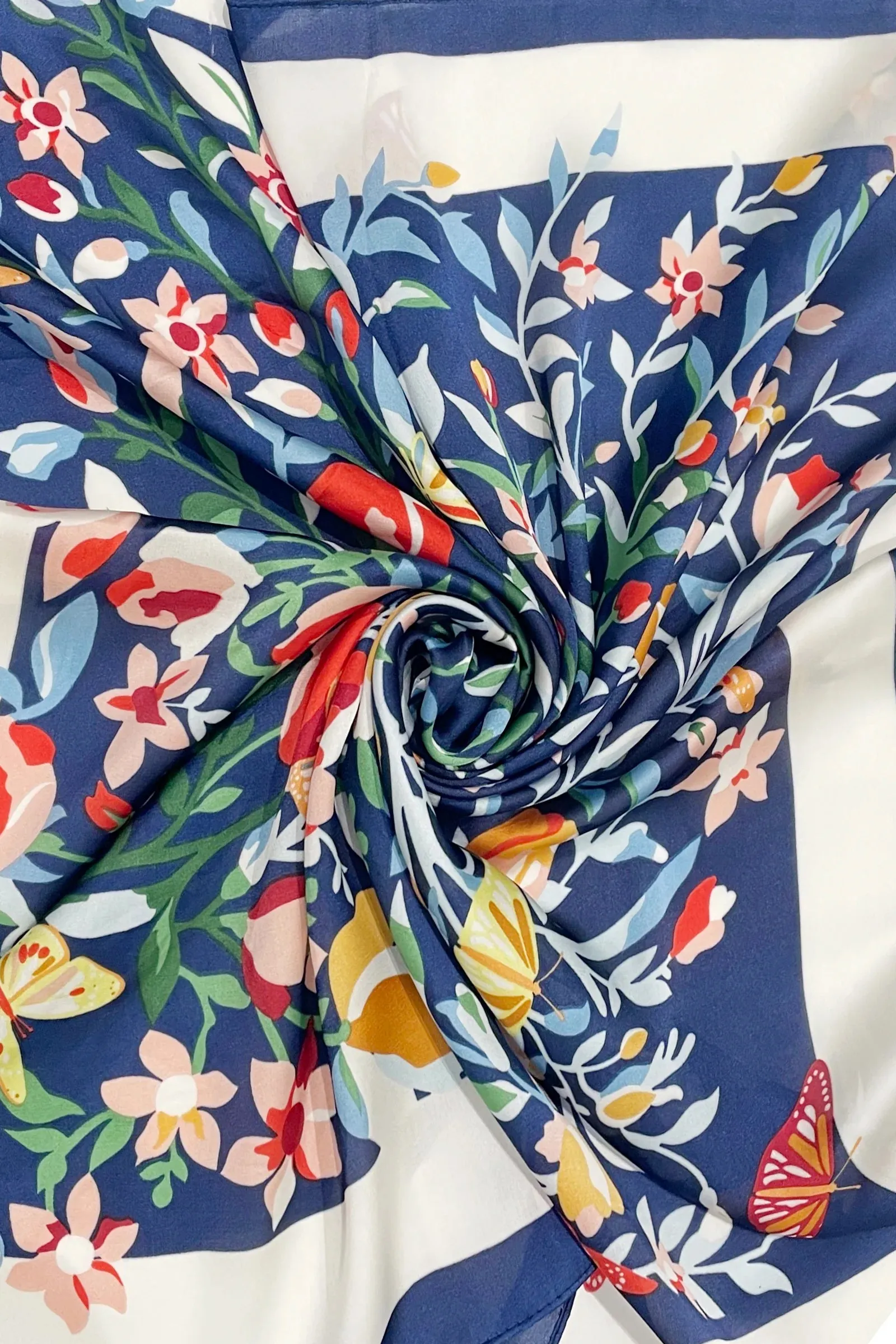 Butterfly Floral Border Print Square Scarf - Navy