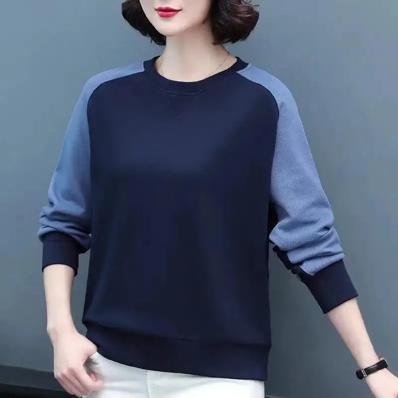 Casual Thin Cotton Slim Pullover Sweatshirts Patchwork O-Neck Synthetic Fiber Autumn Winter Women's Clothing 2022 Hot Selling