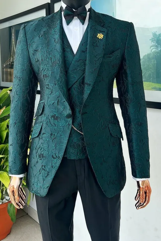 Dark Green Floral Jacquard Notched Lapel Three Pieces Prom Suits Best Men Tuxedos