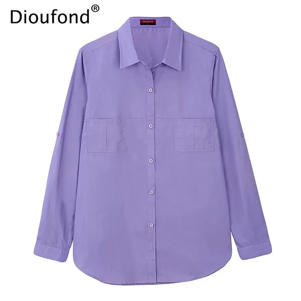 Dioufond Autumn White Blouse Shirt Long Sleeve Solid Cotton Shirt Women Tops Pockets Casual Camisa Feminina S-3XL 2017