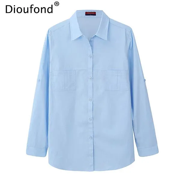 Dioufond Autumn White Blouse Shirt Long Sleeve Solid Cotton Shirt Women Tops Pockets Casual Camisa Feminina S-3XL 2017