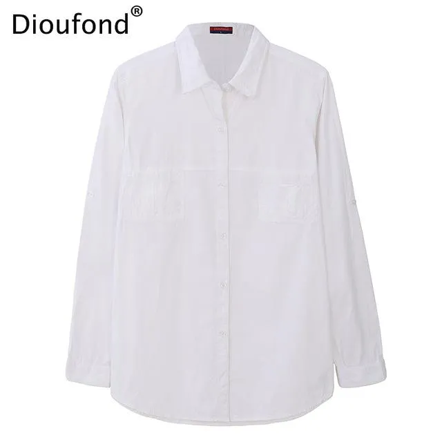 Dioufond Autumn White Blouse Shirt Long Sleeve Solid Cotton Shirt Women Tops Pockets Casual Camisa Feminina S-3XL 2017