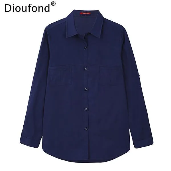 Dioufond Autumn White Blouse Shirt Long Sleeve Solid Cotton Shirt Women Tops Pockets Casual Camisa Feminina S-3XL 2017