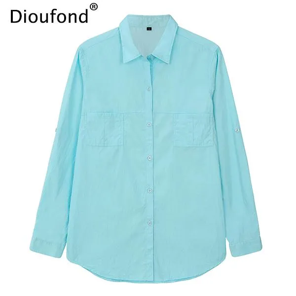 Dioufond Autumn White Blouse Shirt Long Sleeve Solid Cotton Shirt Women Tops Pockets Casual Camisa Feminina S-3XL 2017