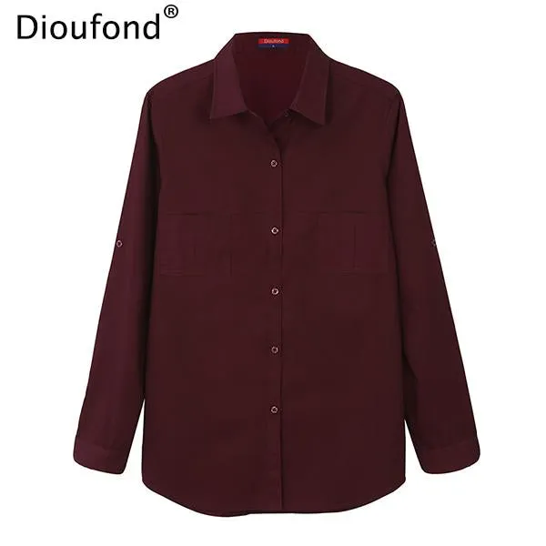 Dioufond Autumn White Blouse Shirt Long Sleeve Solid Cotton Shirt Women Tops Pockets Casual Camisa Feminina S-3XL 2017