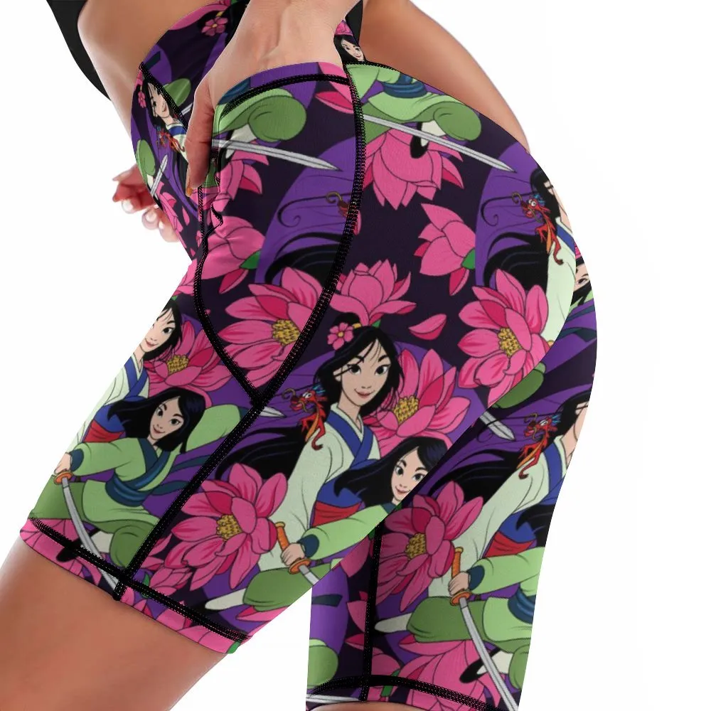 Disney Mulan Blooming Flowers Women's Knee Length Athletic Yoga Shorts With Pockets