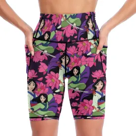 Disney Mulan Blooming Flowers Women's Knee Length Athletic Yoga Shorts With Pockets