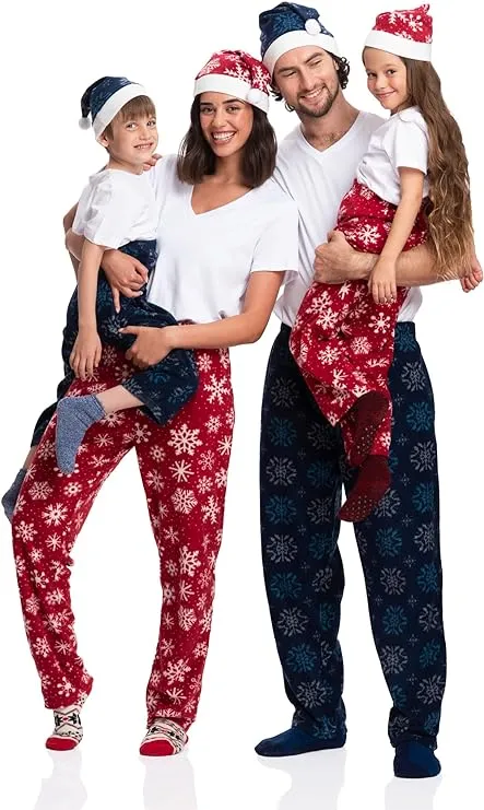 Family Christmas Pajama Pants with Santa Hat - Cozy Holiday Cheer in Plaid - Men Blue