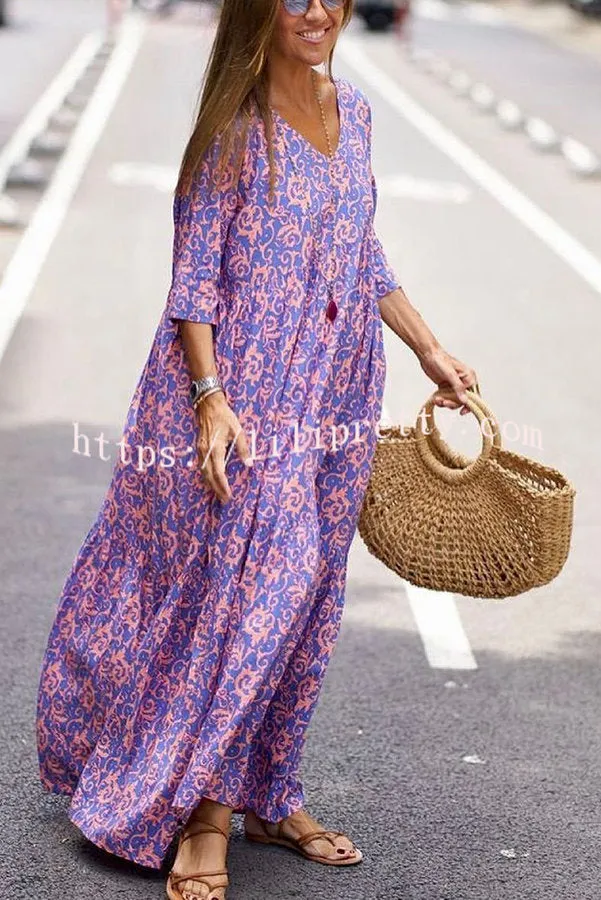 Fashion Pattern Printed Half Sleeve Loose Swing Maxi Dresse