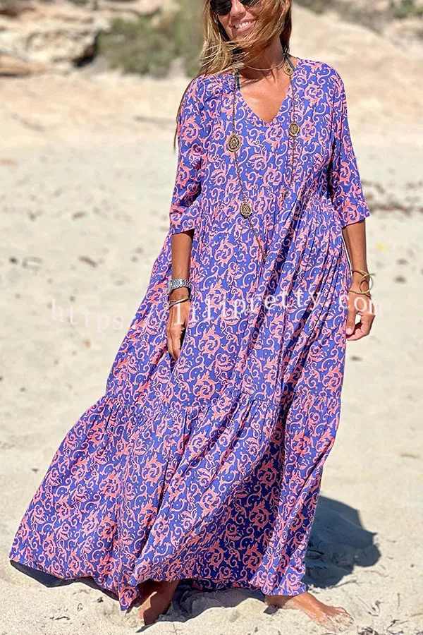 Fashion Pattern Printed Half Sleeve Loose Swing Maxi Dresse