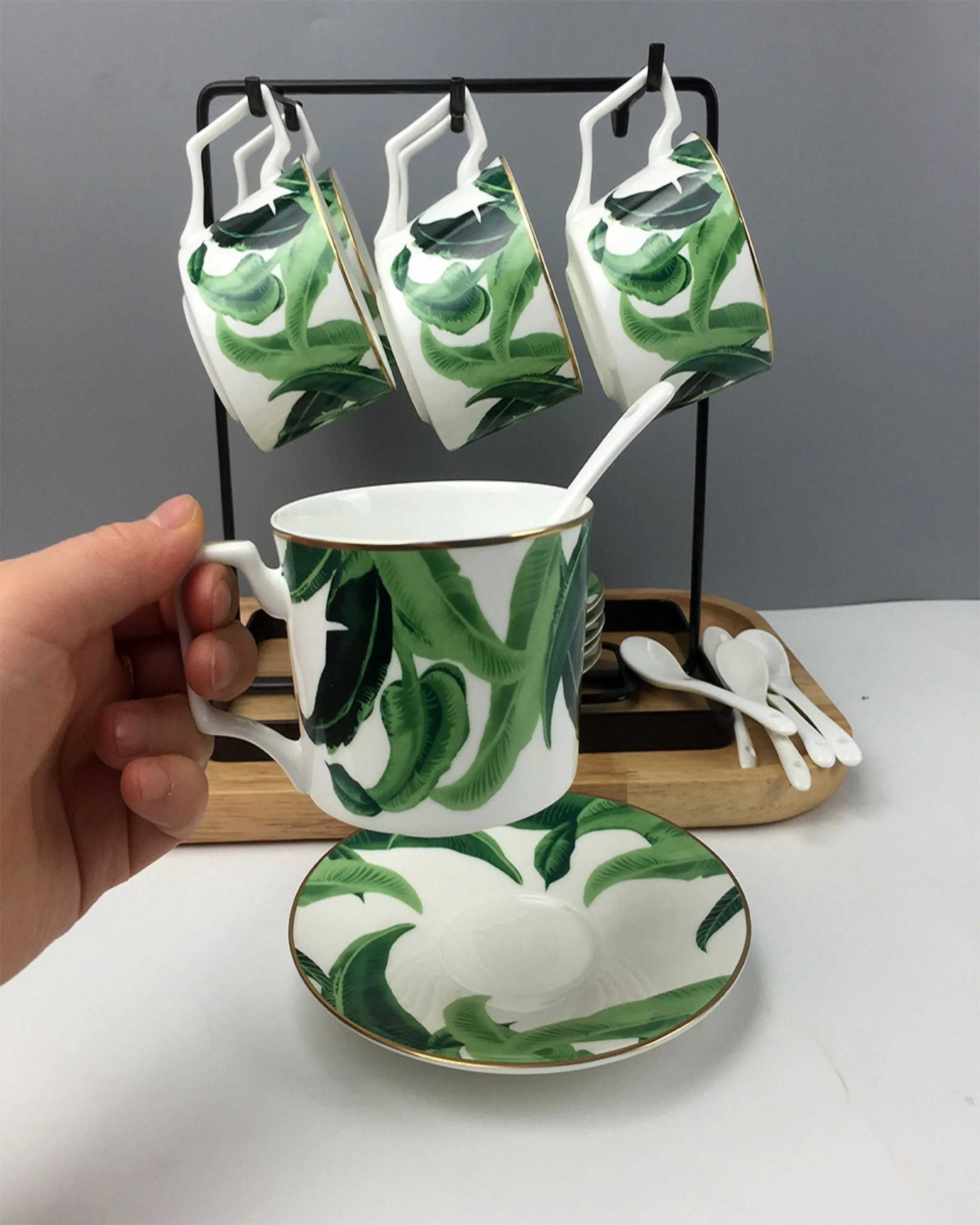 Frond Green Printed Bone China Cups and Saucers Set