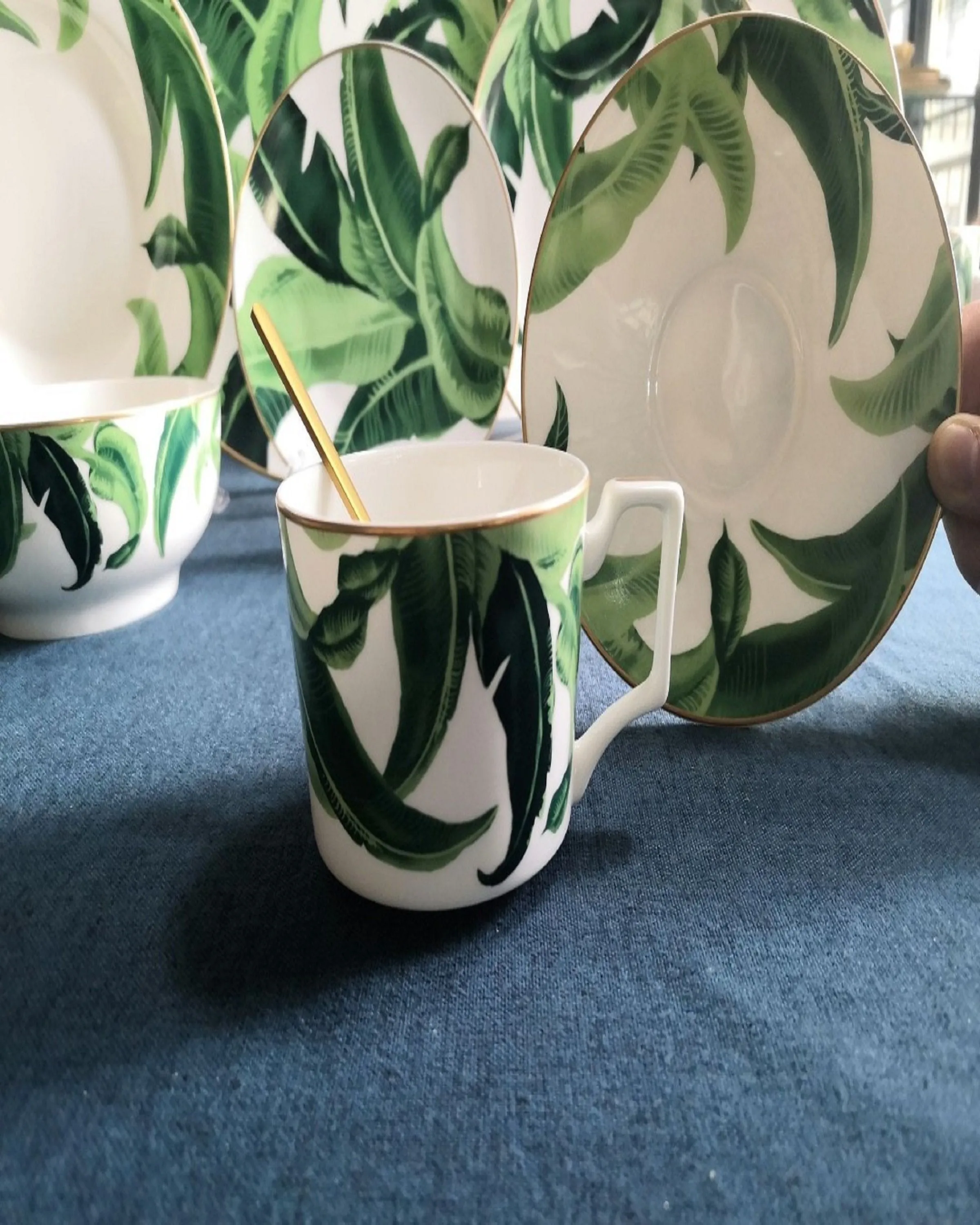 Frond Green Printed Bone China Cups and Saucers Set