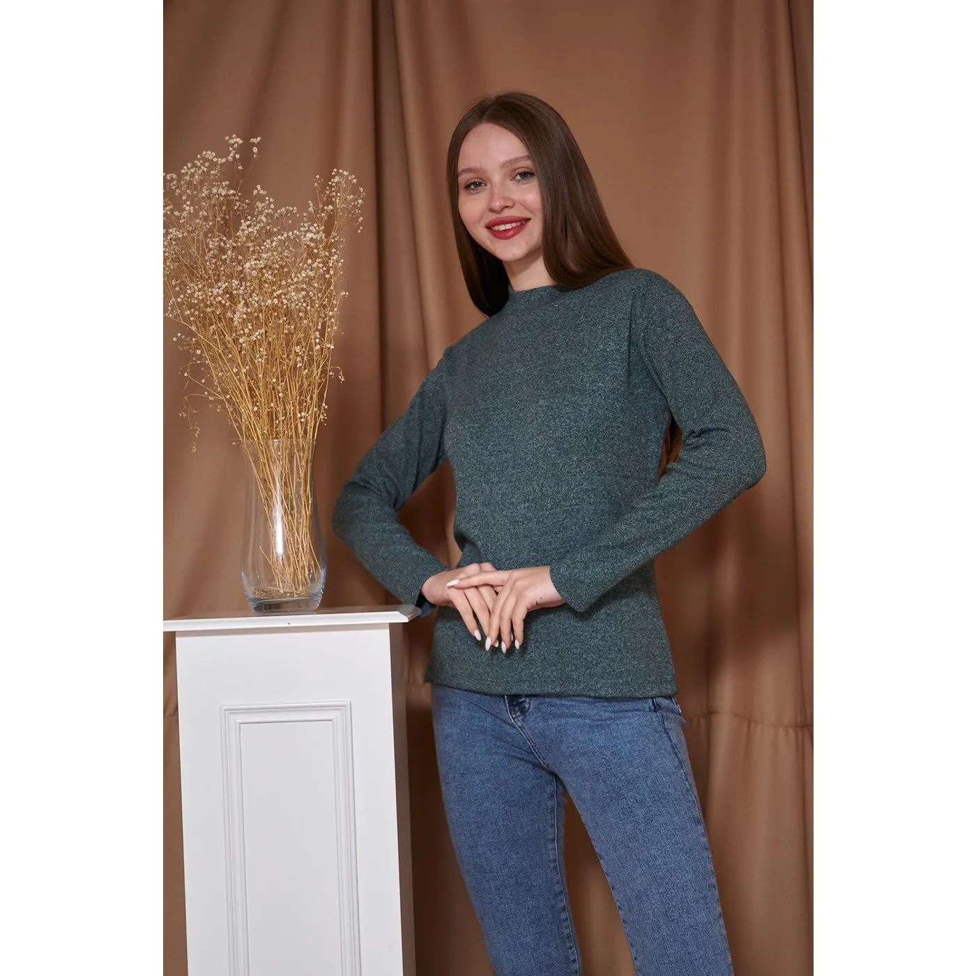 Green Melange Mock Neck Sweatshirt