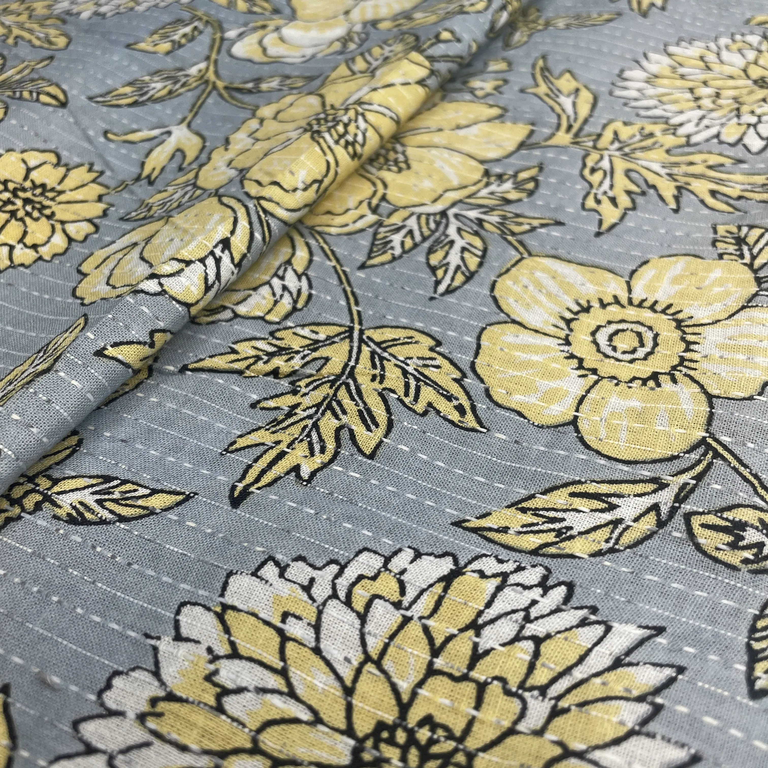 Grey & Yellow Floral Kantha Cotton Fabric