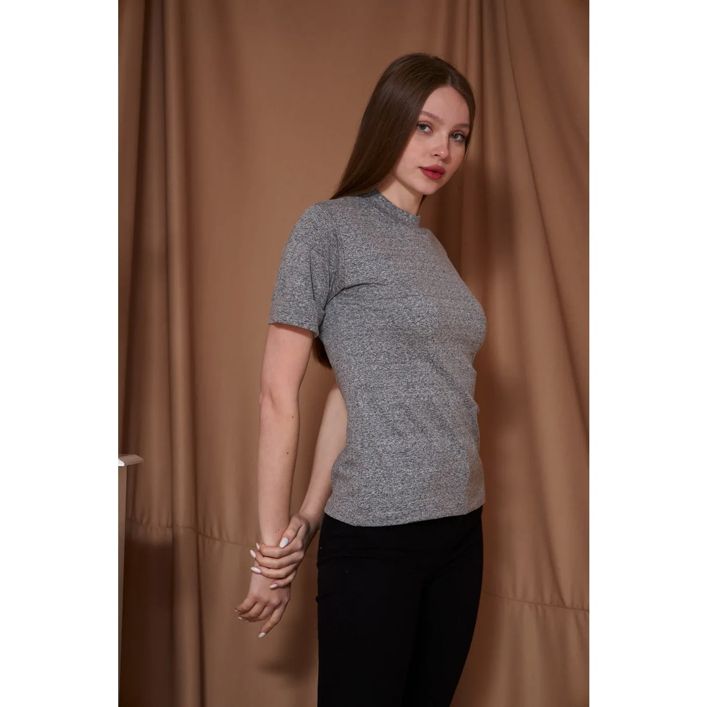 Grey Melange Mock Neck Half Sleeves