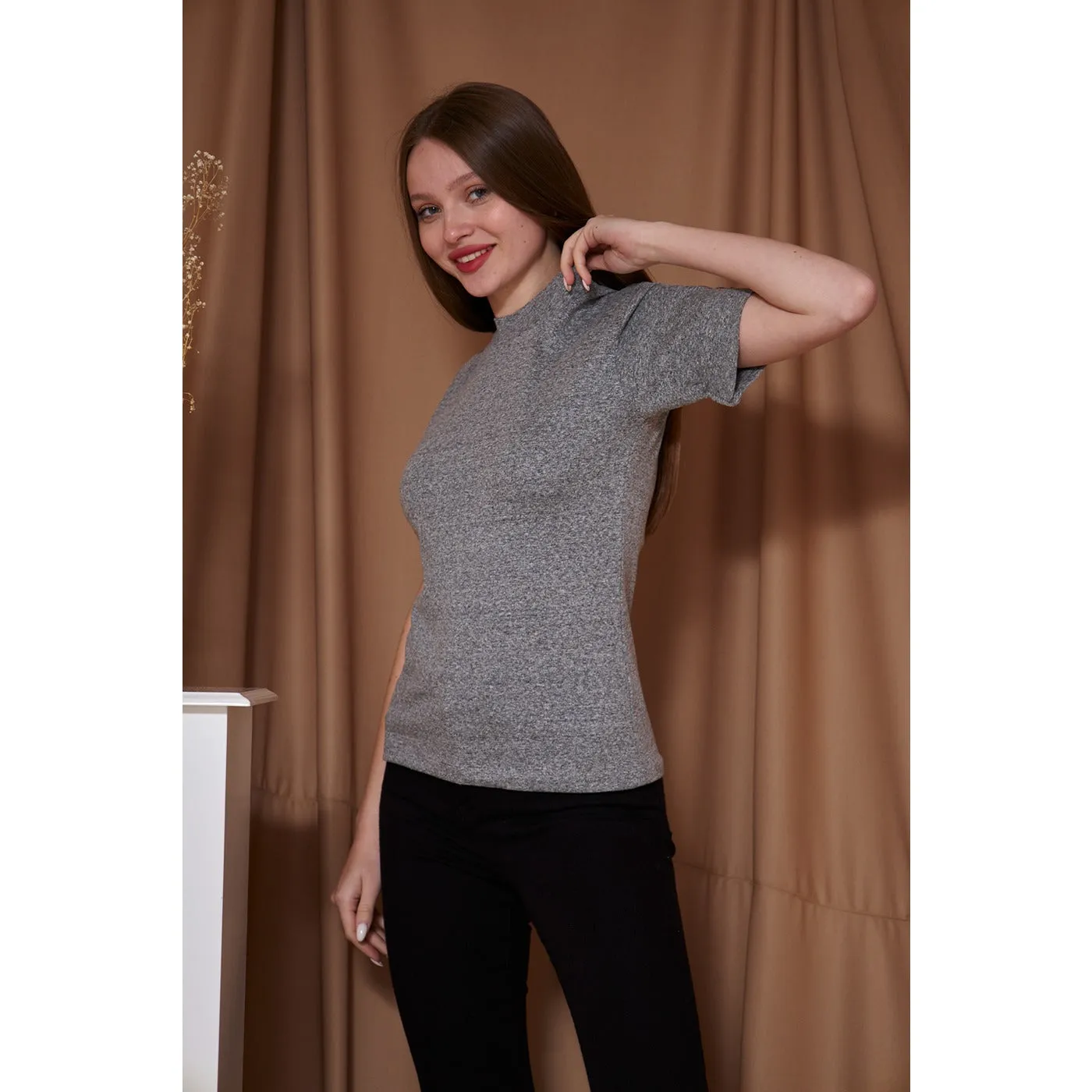 Grey Melange Mock Neck Half Sleeves