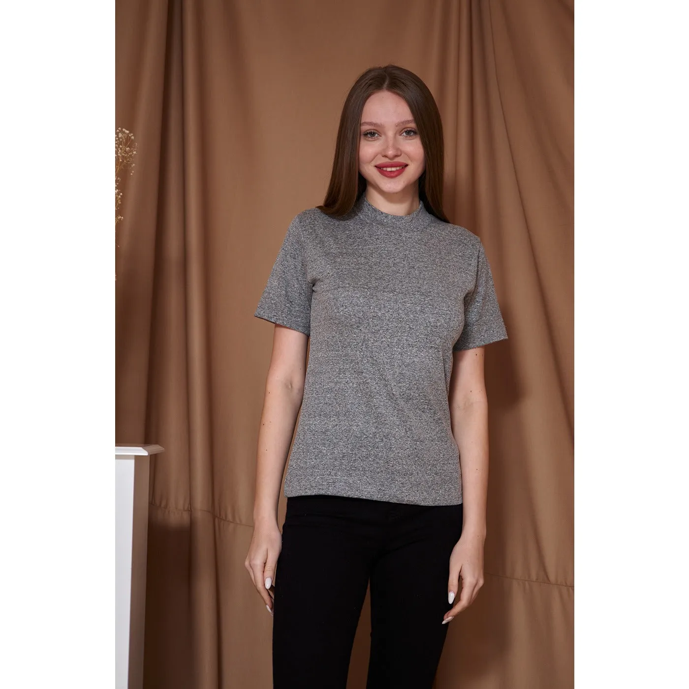 Grey Melange Mock Neck Half Sleeves