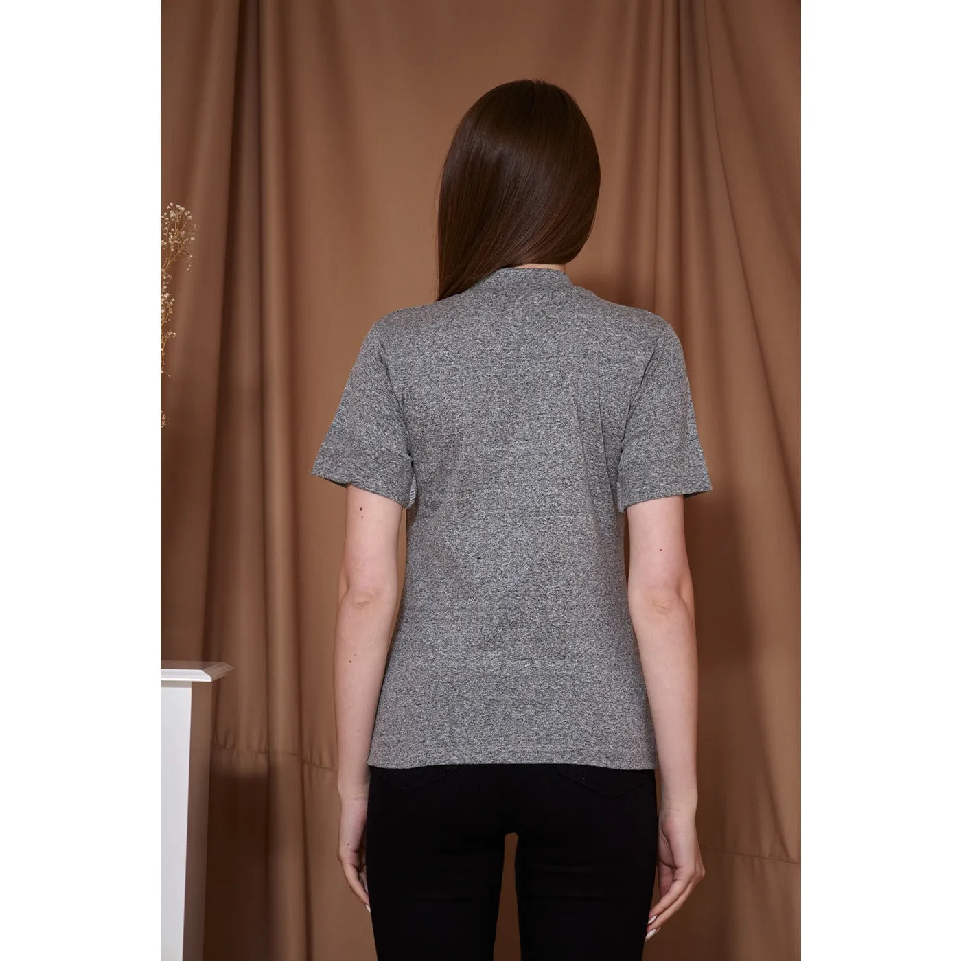 Grey Melange Mock Neck Half Sleeves