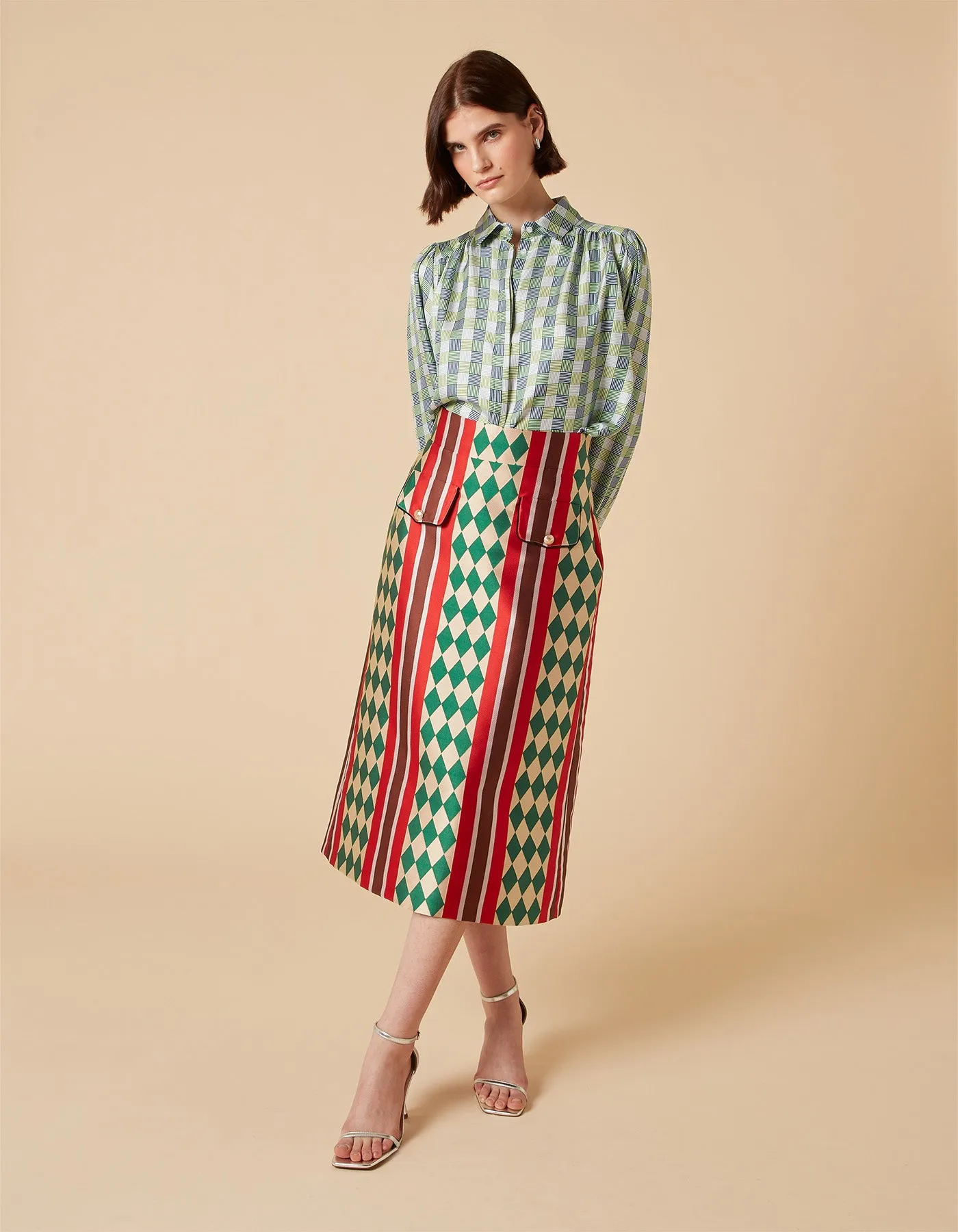 Iona Green Checkmate Print Silk Jacquard Midi Skirt