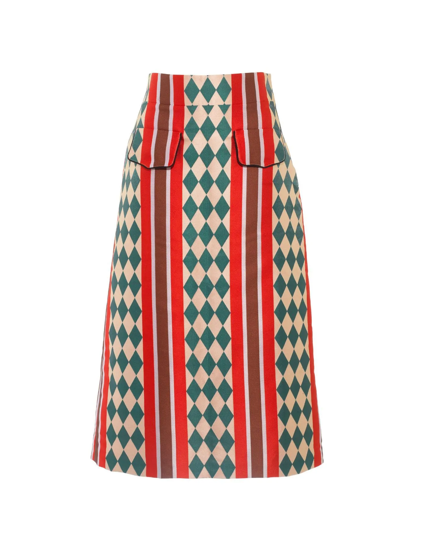 Iona Green Checkmate Print Silk Jacquard Midi Skirt