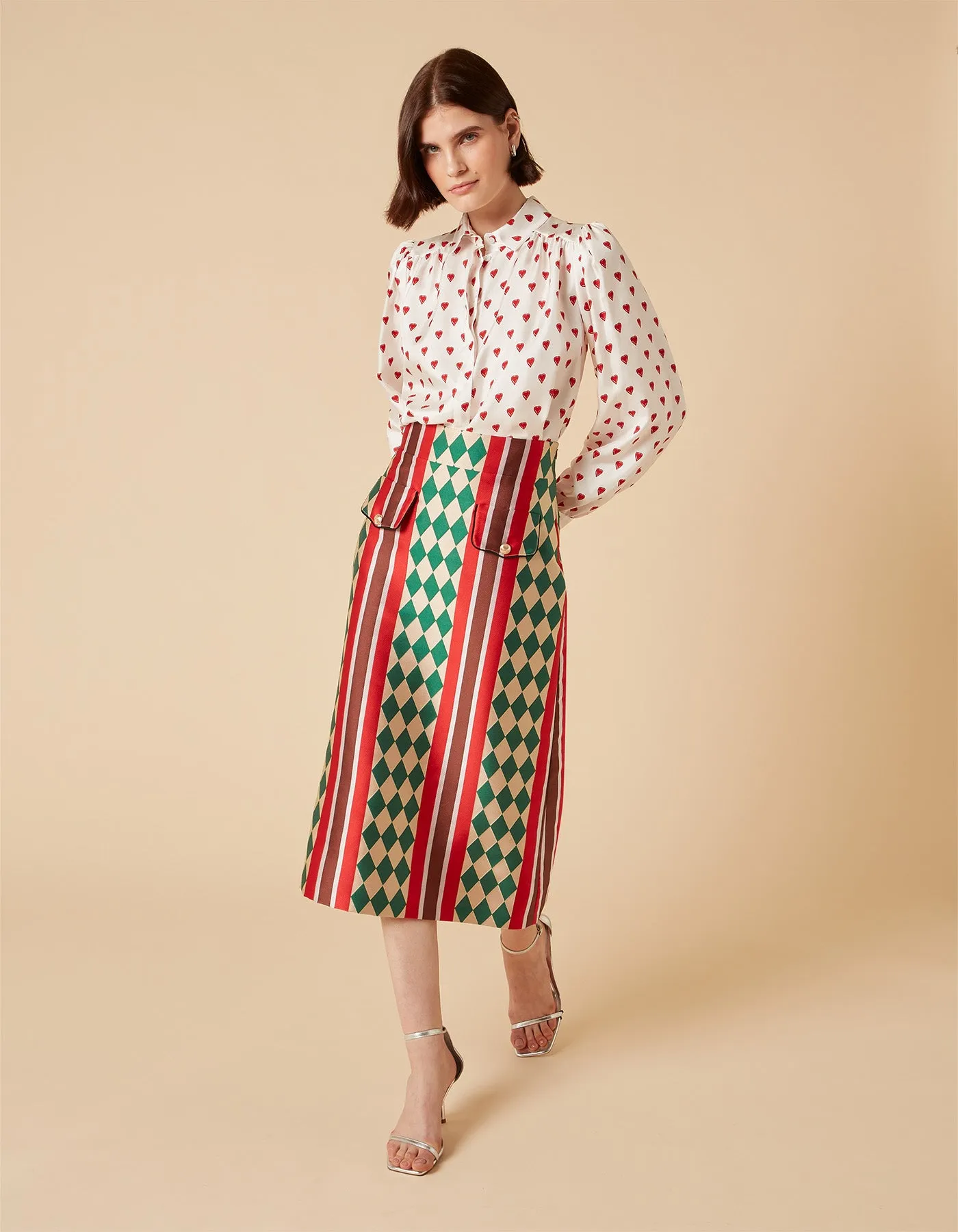 Iona Green Checkmate Print Silk Jacquard Midi Skirt