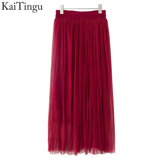 KaiTingu Brand New Fashion 2016 Ladies Gray Color 3 Layer Pleated Skirt Long Tulle Skirts Straight Grey Solid Mesh Skater Skirt